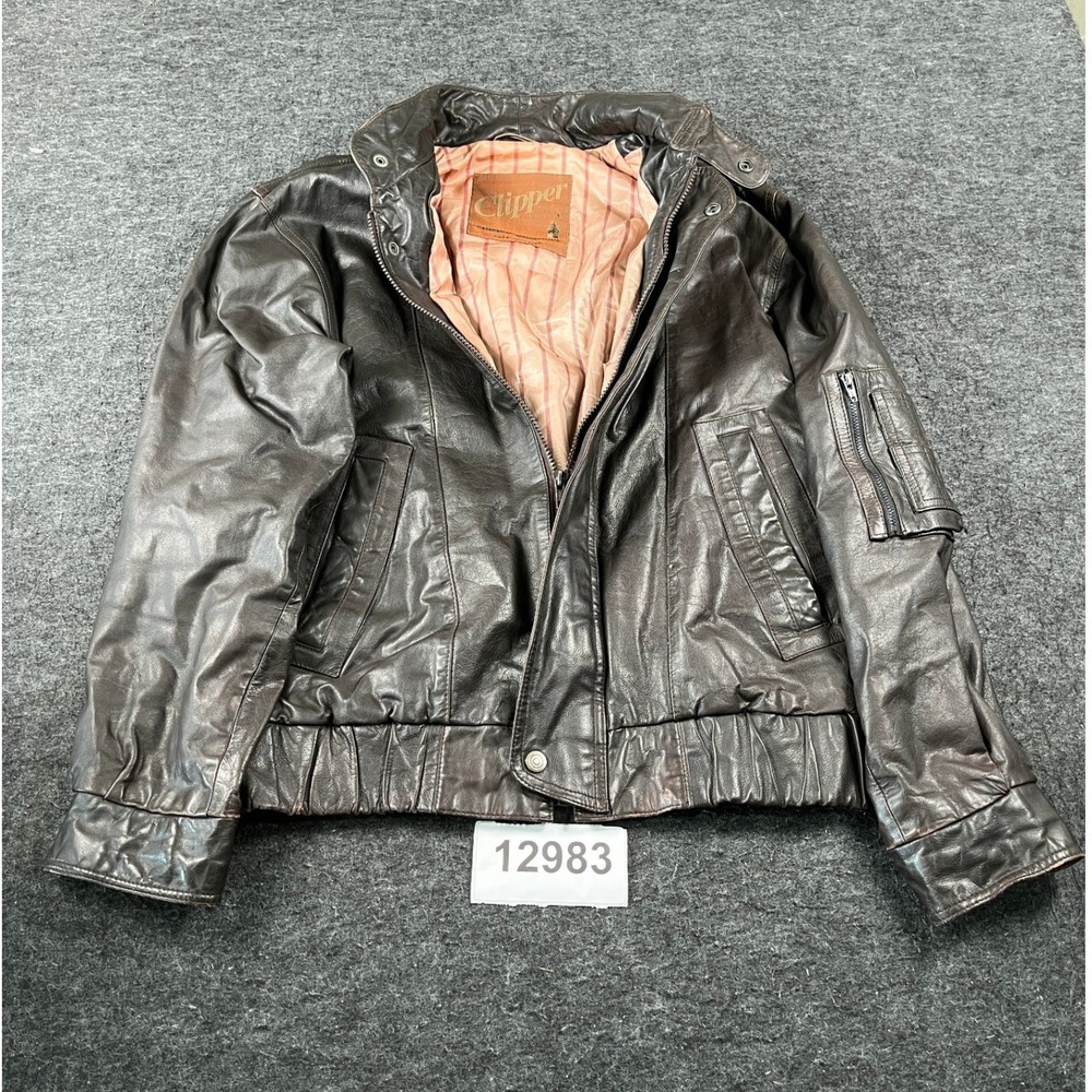 Clipper Leather Bomber Jacket Mens Small Brown Excellent Vintage Zip Up Pocket